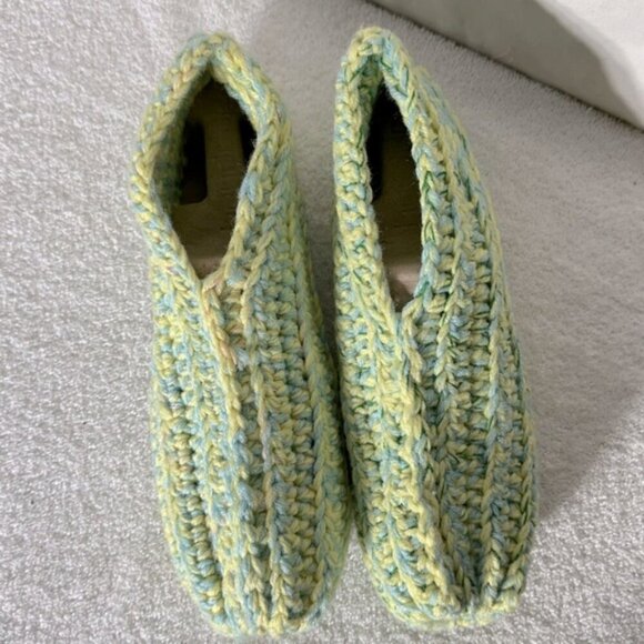 Vintage Handmade Yellow Green Crochet Knit Slippers - Picture 2 of 11